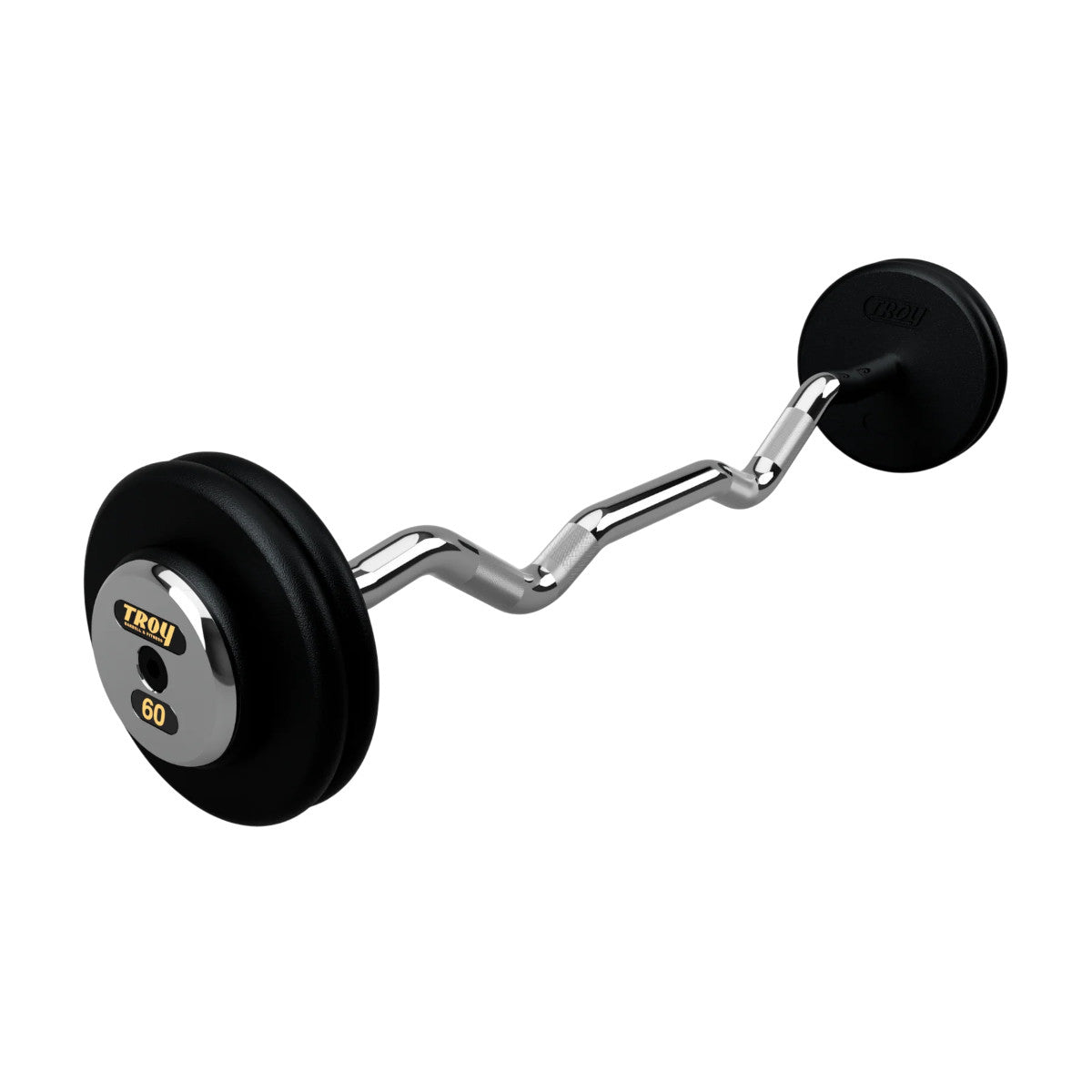 Troy Barbell PZB-C Pro Style 60lb EZ Curl Black Barbell Chrome End Cap on white background.