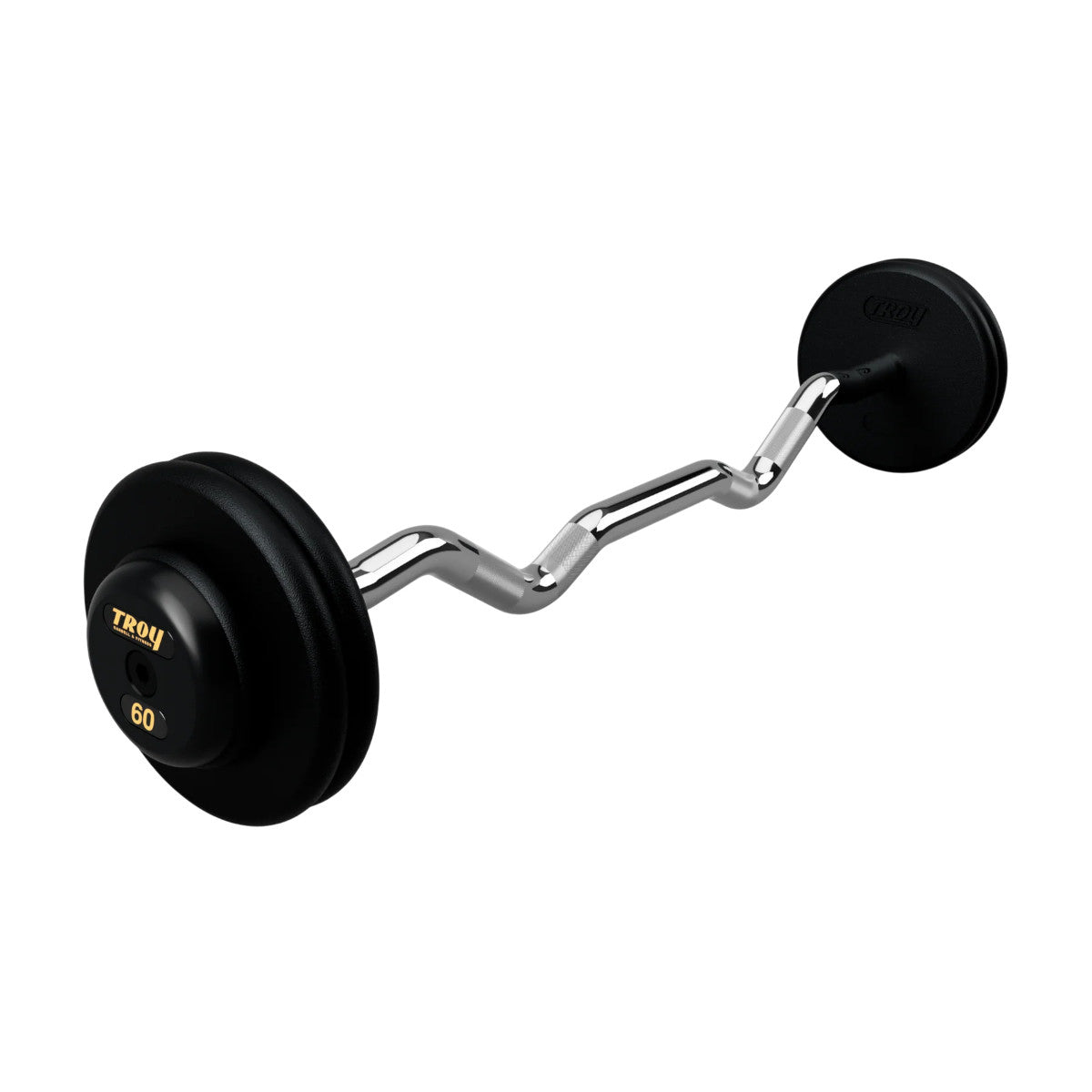 Troy Barbell PZB-R Pro Style 60lb EZ Curl Black Barbell Black End Cap on white background.