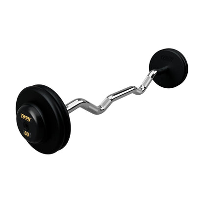 Troy Barbell PZB-R Pro Style 60lb EZ Curl Black Barbell Black End Cap on white background.