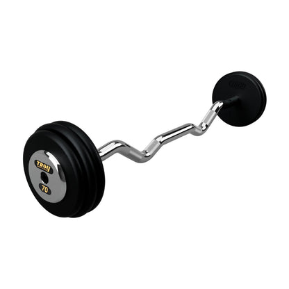 Troy Barbell PZB-C Pro Style 70lb EZ Curl Black Barbell Chrome End Cap on white background.