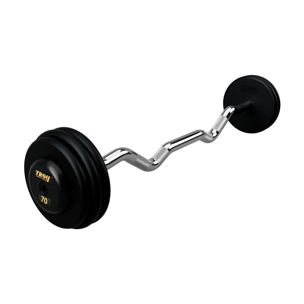 Troy Barbell PZB-R Pro Style 70lb EZ Curl Black Barbell Black End Cap on white background.