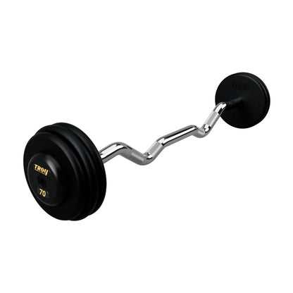 Troy Barbell PZB-R Pro Style 70lb EZ Curl Black Barbell Black End Cap on white background.
