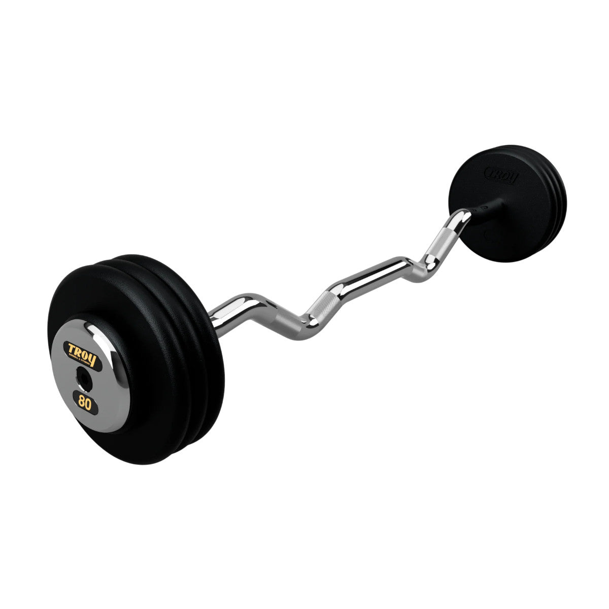 Troy Barbell PZB-C Pro Style 80lb EZ Curl Black Barbell Chrome End Cap on white background.