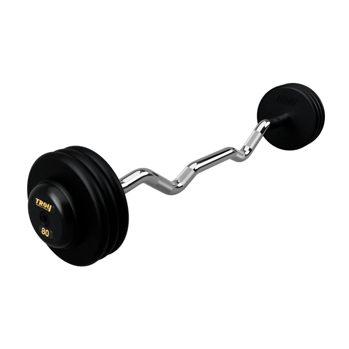 Troy Barbell PZB-R Pro Style 80lb EZ Curl Black Barbell Black End Cap on white background.