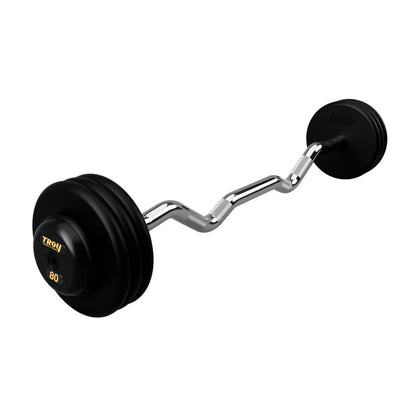 Troy Barbell PZB-R Pro Style 80lb EZ Curl Black Barbell Black End Cap on white background.