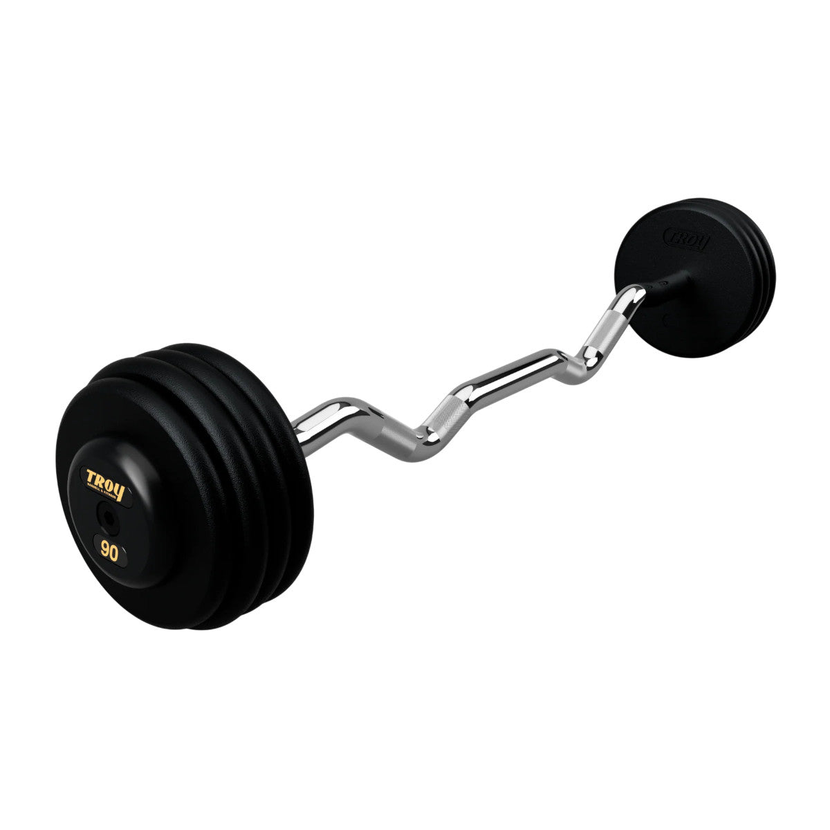 Troy Barbell PZB-R Pro Style 90lb EZ Curl Black Barbell Black End Cap on white background.