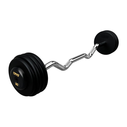 Troy Barbell PZB-R Pro Style 90lb EZ Curl Black Barbell Black End Cap on white background.