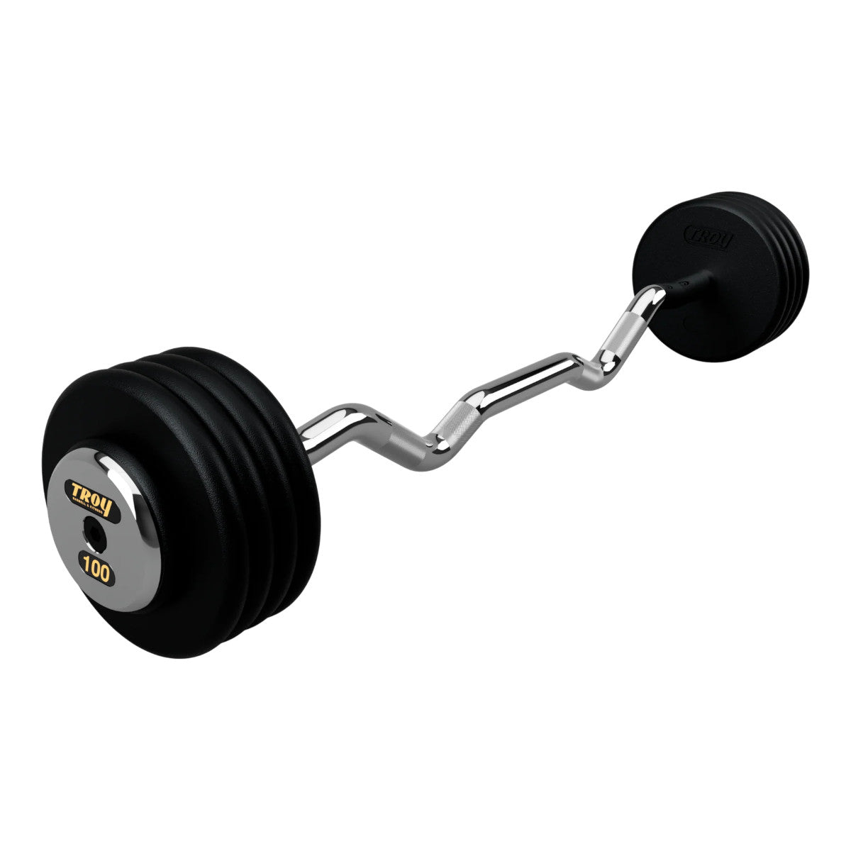 Troy Barbell PZB-C Pro Style 100lb EZ Curl Black Barbell Chrome End Cap on white background.