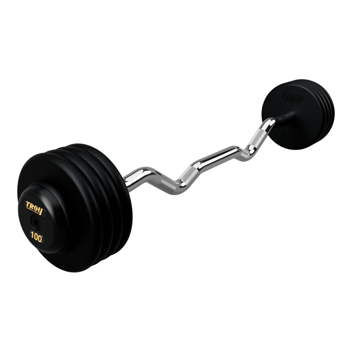 Troy Barbell PZB-R Pro Style 100lb EZ Curl Black Barbell Black End Cap on white background.