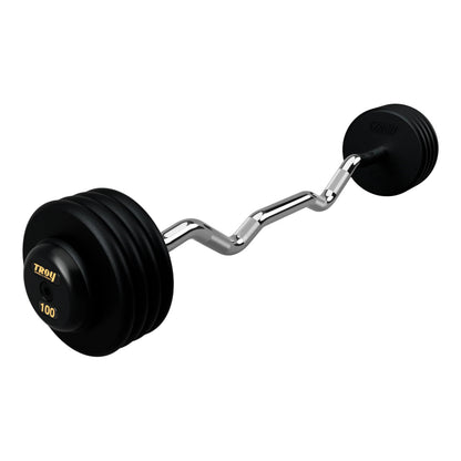 Troy Barbell PZB-R Pro Style 100lb EZ Curl Black Barbell Black End Cap on white background.