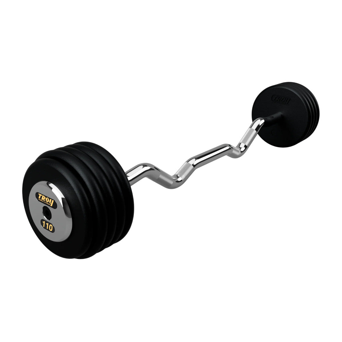 Troy Barbell PZB-C Pro Style 110lb EZ Curl Black Barbell Chrome End Cap on white background.