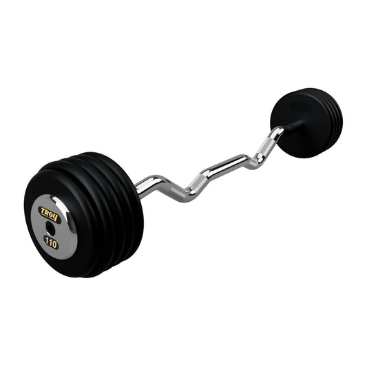 Troy Barbell PZB-C Pro Style 110lb EZ Curl Black Barbell Chrome End Cap on white background.
