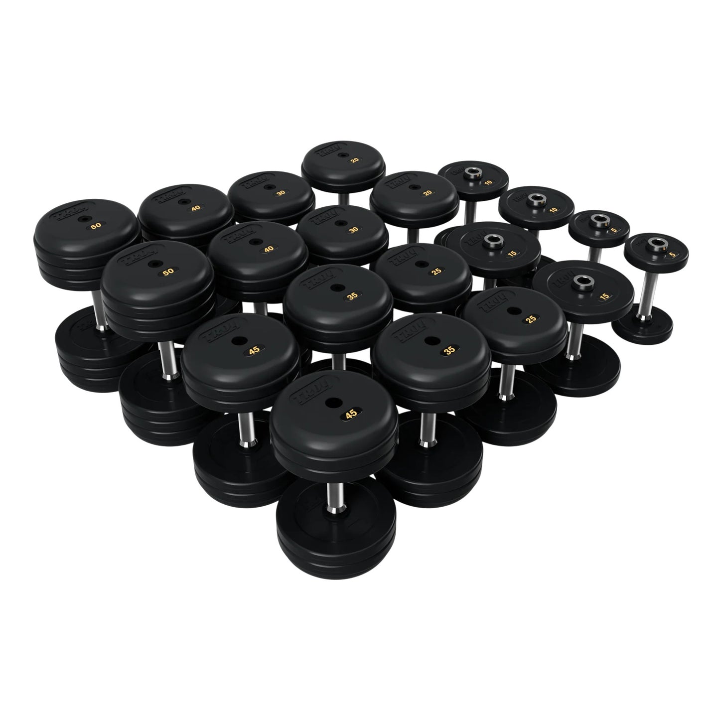Troy Barbell RUFD Pro Style Black Rubber Encased Dumbbells straight handle with black rubber end cap 5 to 50 lb set.