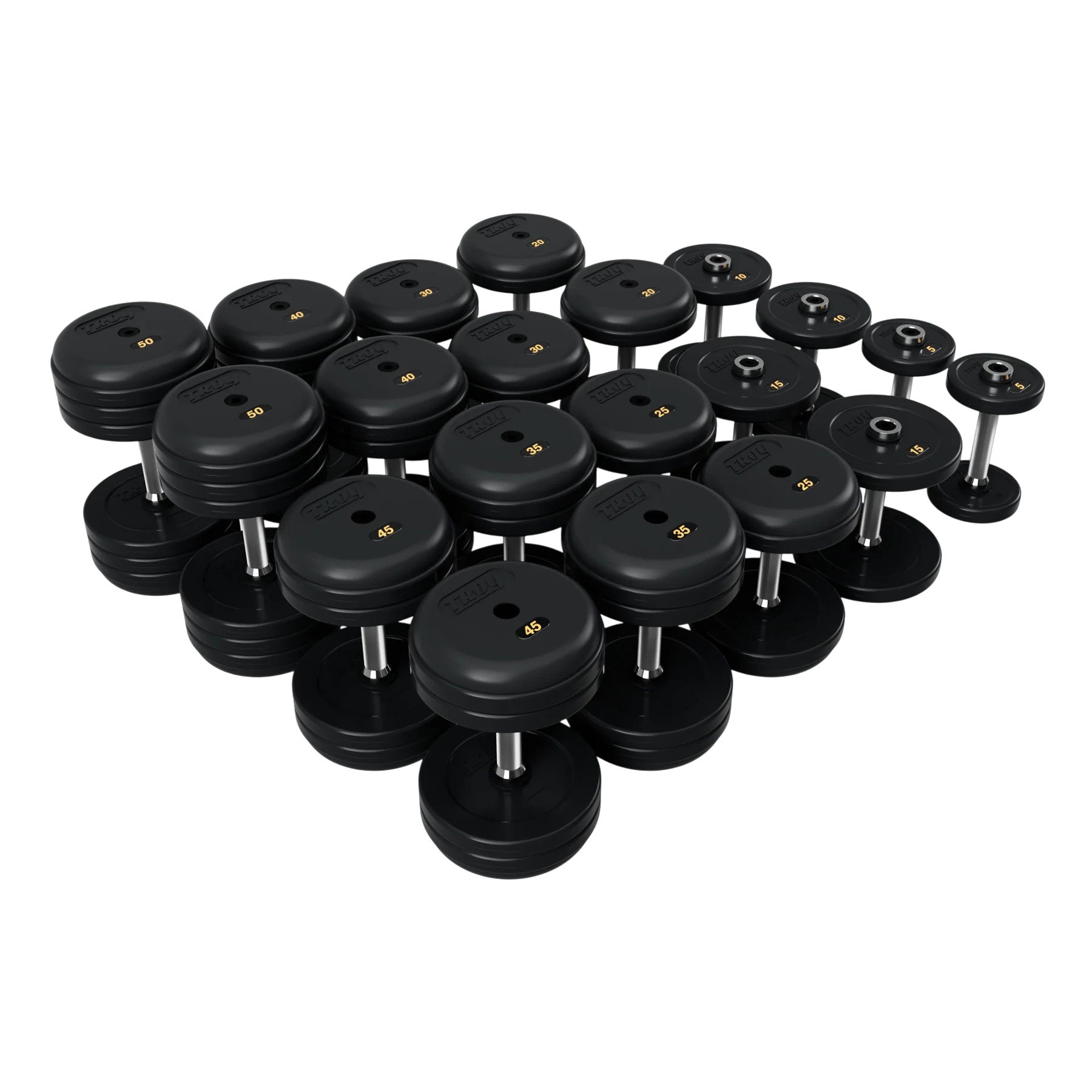 Troy Barbell RUFD Pro Style Black Rubber Encased Dumbbells straight handle with black rubber end cap 5 to 50 lb set.