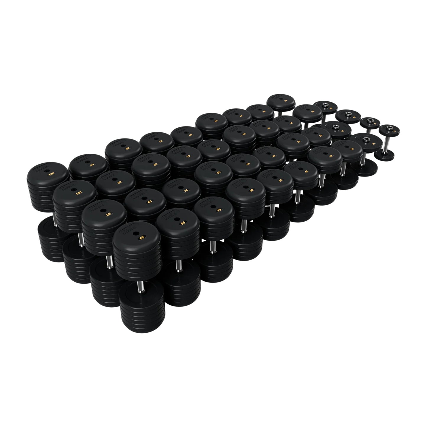 Troy Barbell RUFD Pro Style Black Rubber Encased Dumbbells straight handle with black rubber end cap 5 to 100 lb set.