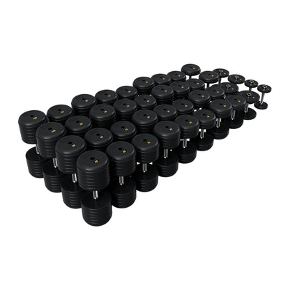 Troy Barbell RUFD Pro Style Black Rubber Encased Dumbbells straight handle with black rubber end cap 5 to 100 lb set.