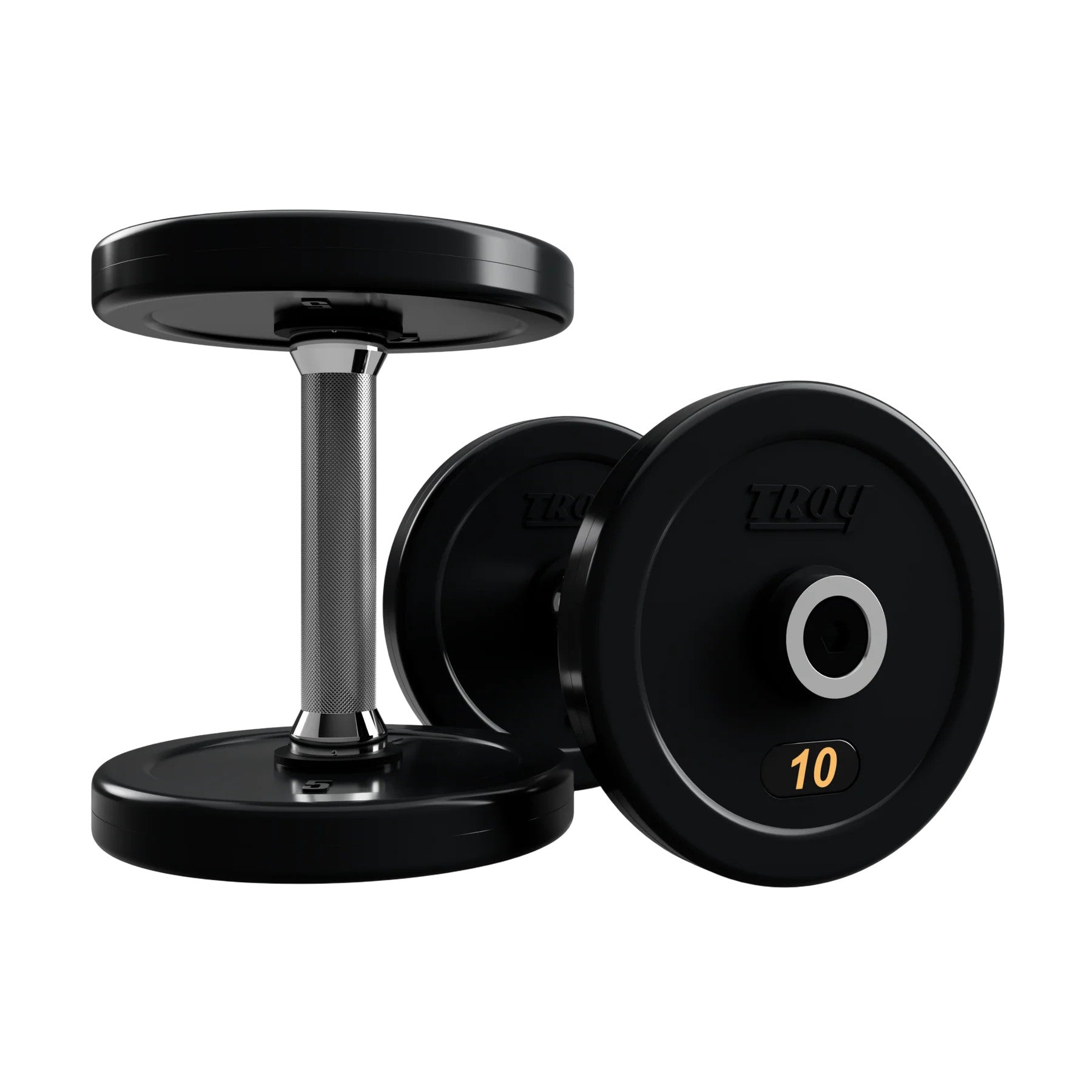 Troy Barbell RUFD Pro Style Black Rubber Encased Dumbbells straight handle with black rubber end cap 10 lb pair.
