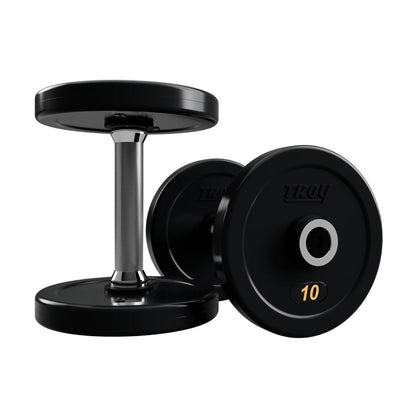 Troy Barbell RUFD Pro Style Black Rubber Encased Dumbbells straight handle with black rubber end cap 10 lb pair.