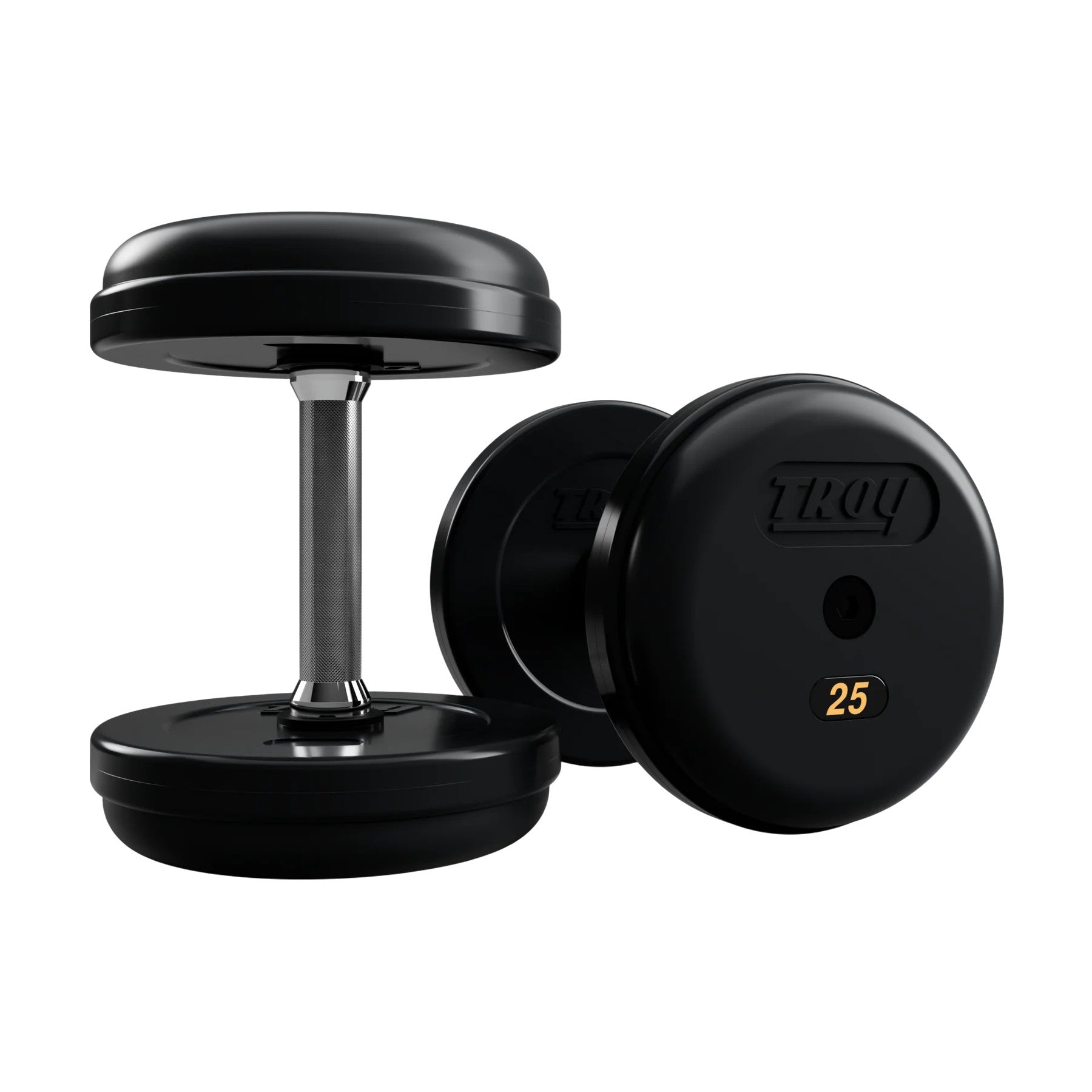 Troy Barbell RUFD Pro Style Black Rubber Encased Dumbbells straight handle with black rubber end cap 25 lb pair.