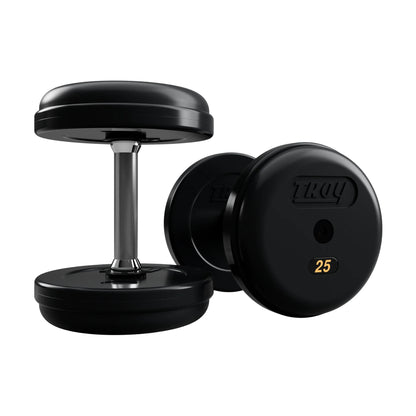 Troy Barbell RUFD Pro Style Black Rubber Encased Dumbbells straight handle with black rubber end cap 25 lb pair.