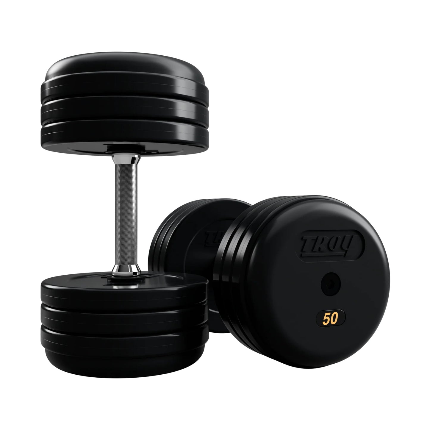Troy Barbell RUFD Pro Style Black Rubber Encased Dumbbells straight handle with black rubber end cap 50 lb pair.