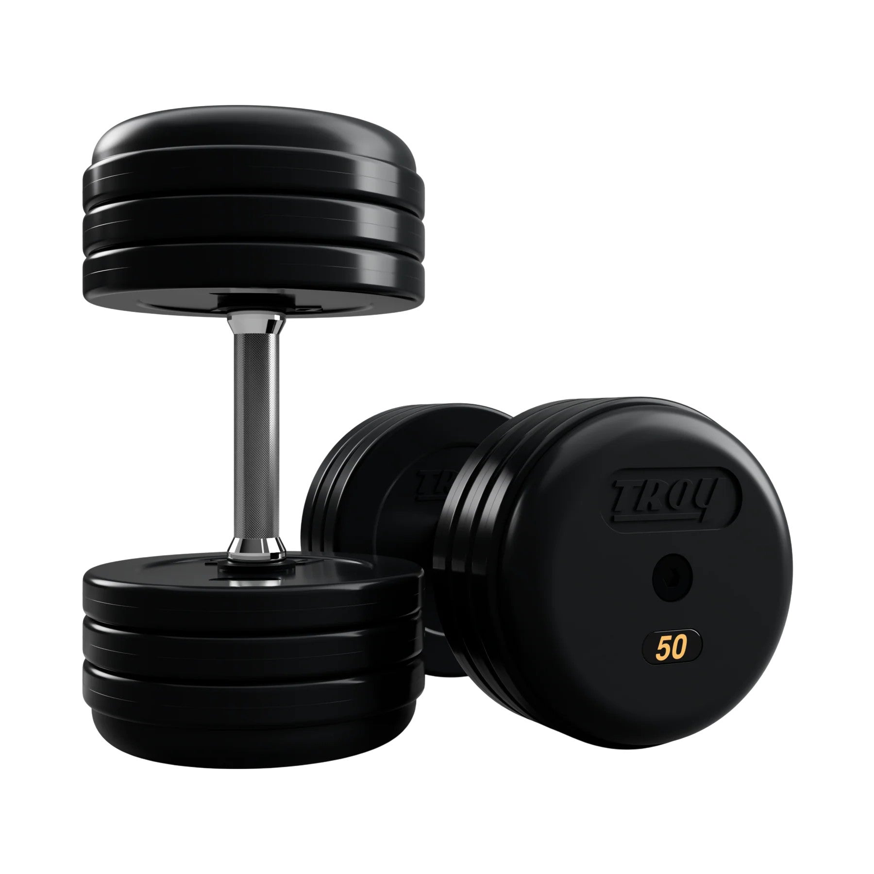 Troy Barbell RUFD Pro Style Black Rubber Encased Dumbbells straight handle with black rubber end cap 50 lb pair.