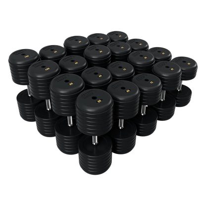 Troy Barbell RUFD Pro Style Black Rubber Encased Dumbbells straight handle with black rubber end cap 55 to 100 lb set.