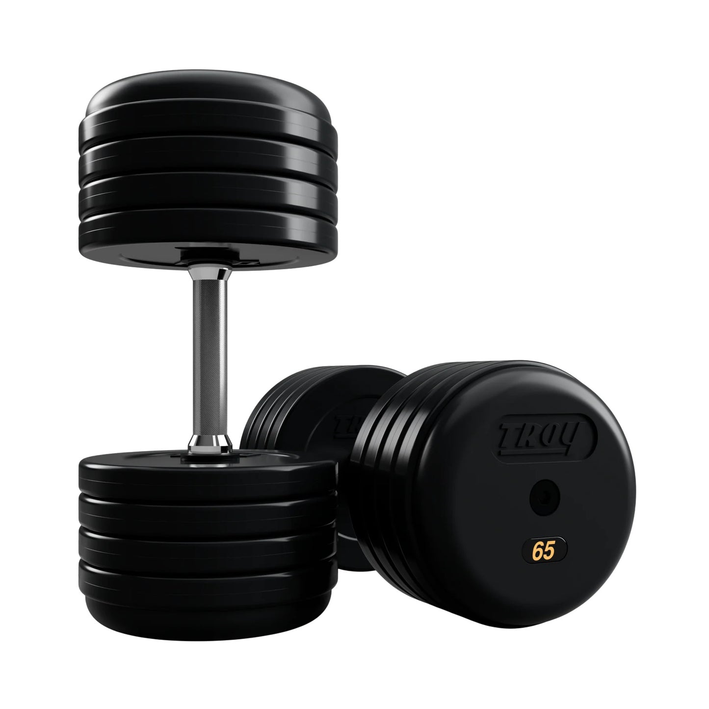 Troy Barbell RUFD Pro Style Black Rubber Encased Dumbbells straight handle with black rubber end cap 65 lb pair.