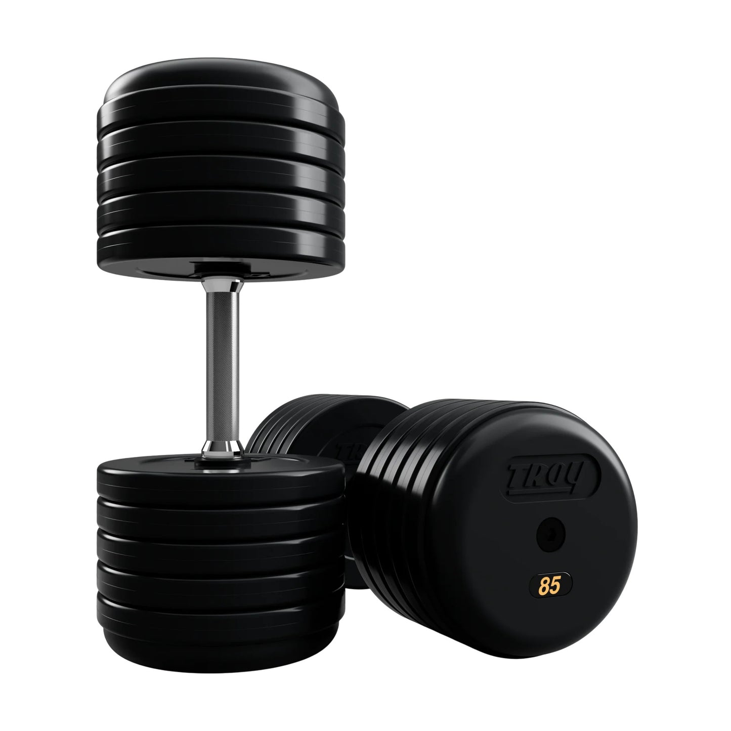 Troy Barbell RUFD Pro Style Black Rubber Encased Dumbbells straight handle with black rubber end cap 85 lb pair.