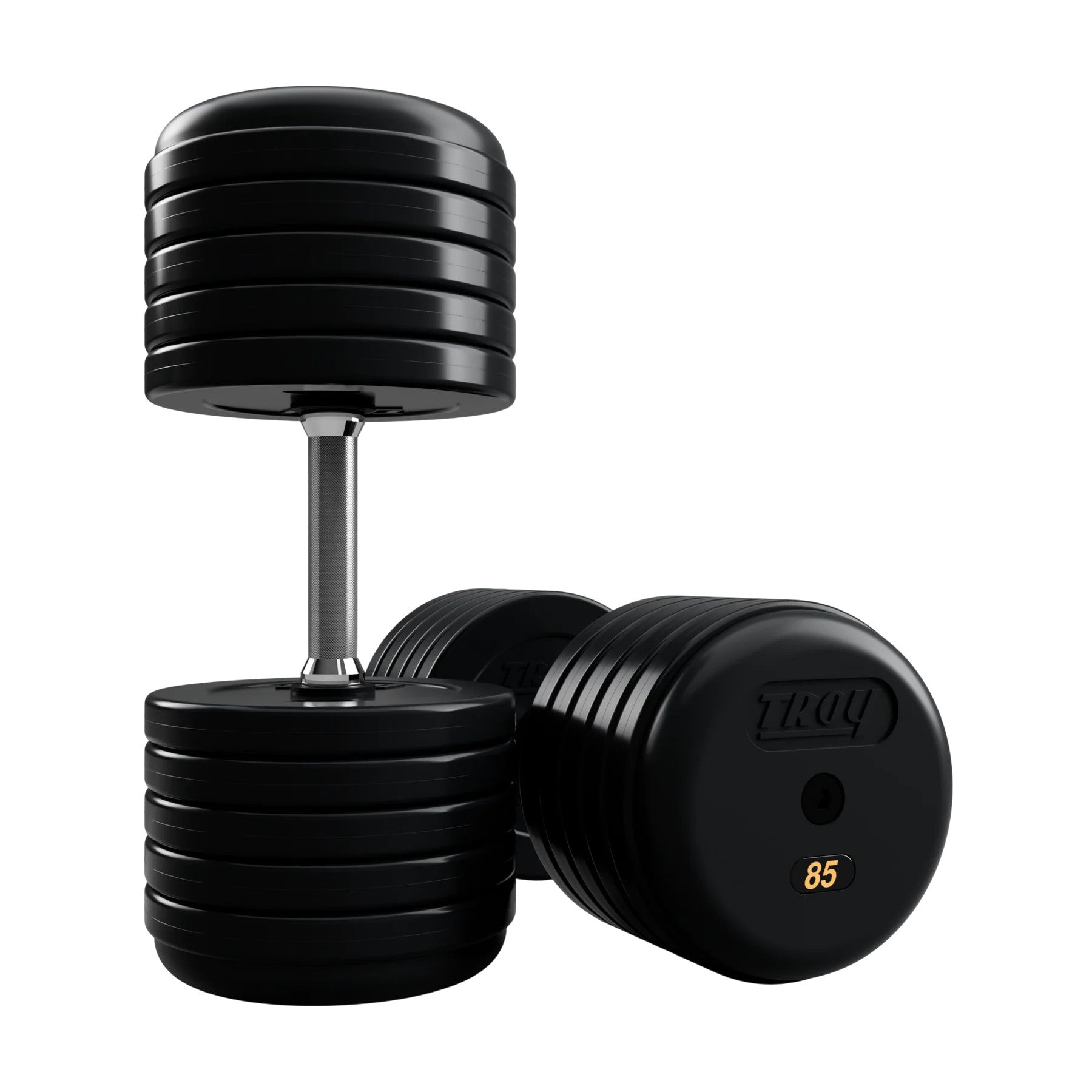 Troy Barbell RUFD Pro Style Black Rubber Encased Dumbbells straight handle with black rubber end cap 85 lb pair.