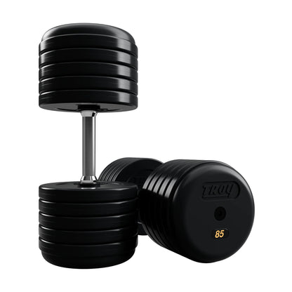 Troy Barbell RUFD Pro Style Black Rubber Encased Dumbbells straight handle with black rubber end cap 85 lb pair.