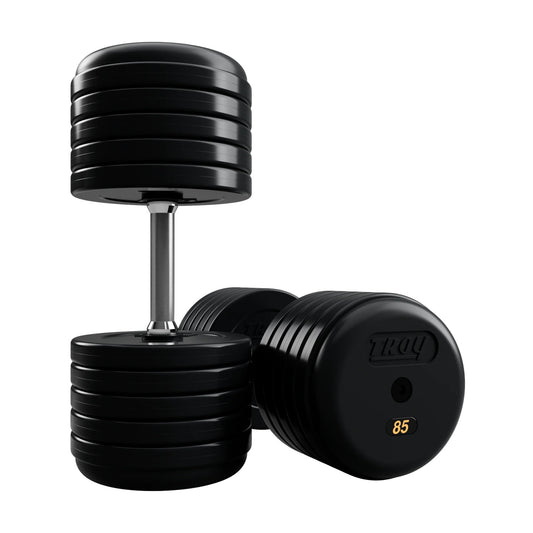 Troy Barbell RUFD Pro Style Black Rubber Encased Dumbbells straight handle with black rubber end cap 85 lb pair.