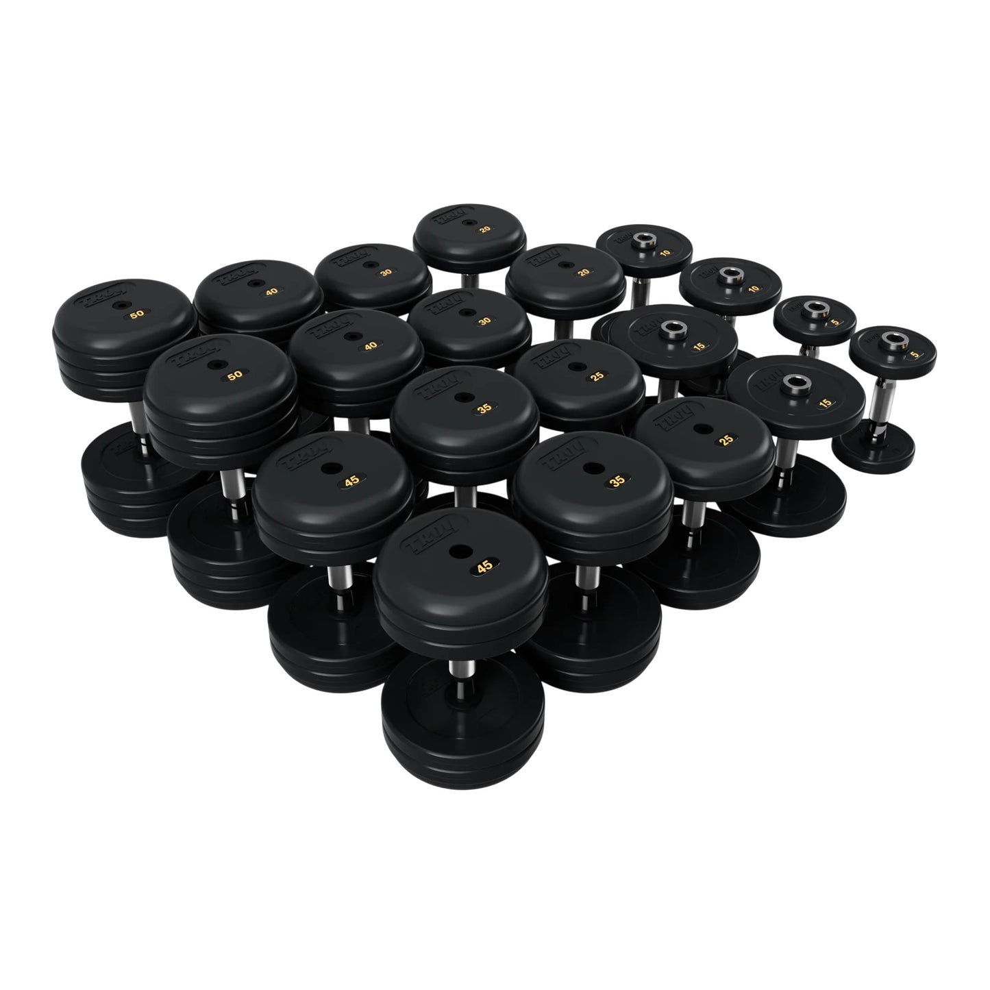 Troy Barbell RUFD Pro Style Black Rubber Encased Dumbbells contour handle with black rubber end cap 5 to 50 lb set.