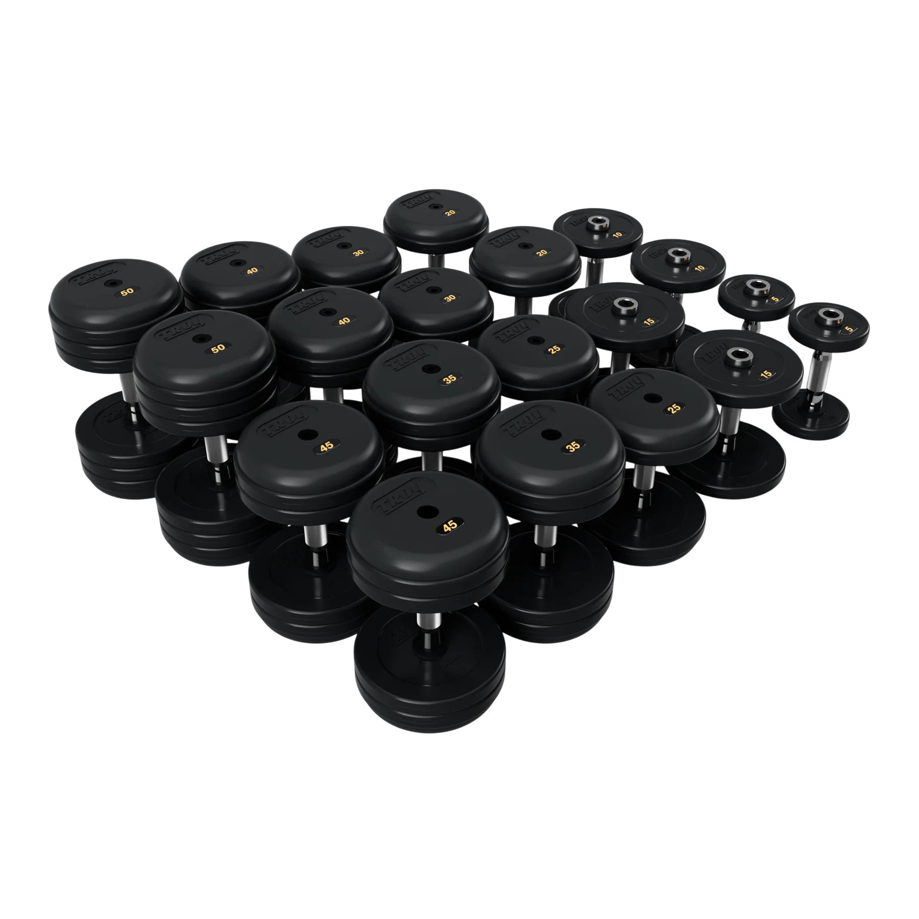 Troy Barbell RUFD Pro Style Black Rubber Encased Dumbbells contour handle with black rubber end cap 5 to 50 lb set.