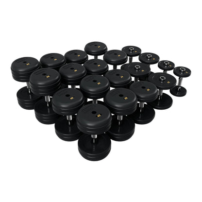 Troy Barbell RUFD Pro Style Black Rubber Encased Dumbbells contour handle with black rubber end cap 5 to 50 lb set.