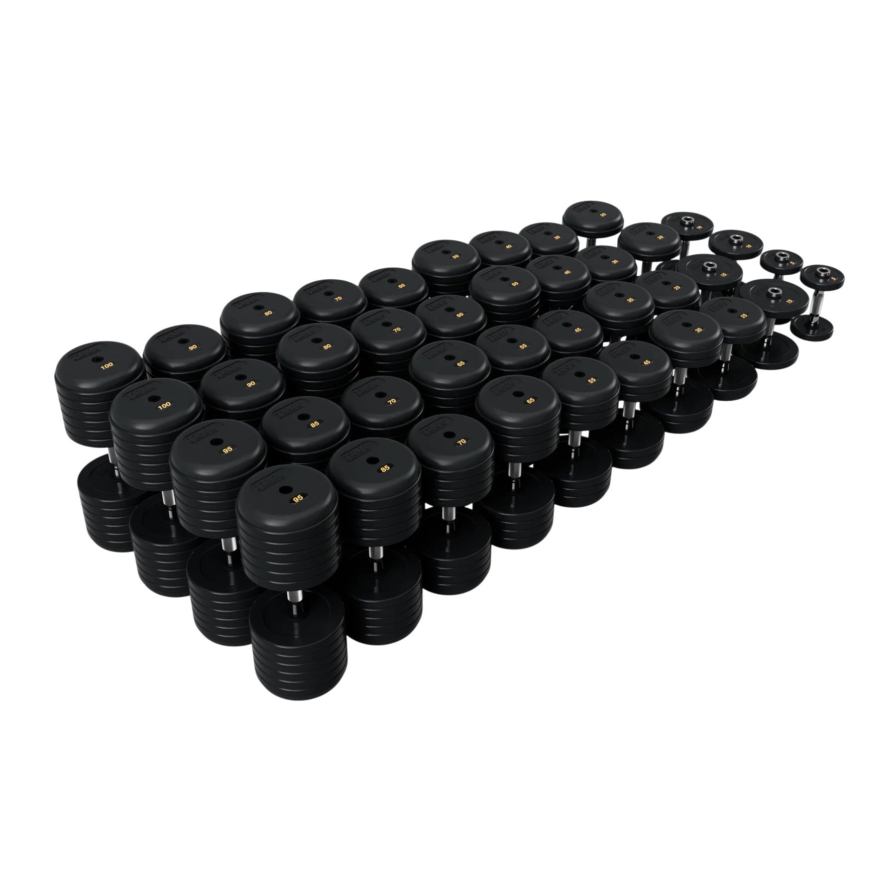 Troy Barbell RUFD Pro Style Black Rubber Encased Dumbbells contour handle with black rubber end cap 5 to 100 lb set.