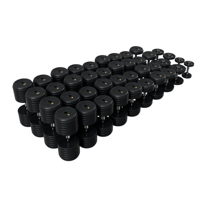 Troy Barbell RUFD Pro Style Black Rubber Encased Dumbbells contour handle with black rubber end cap 5 to 100 lb set.