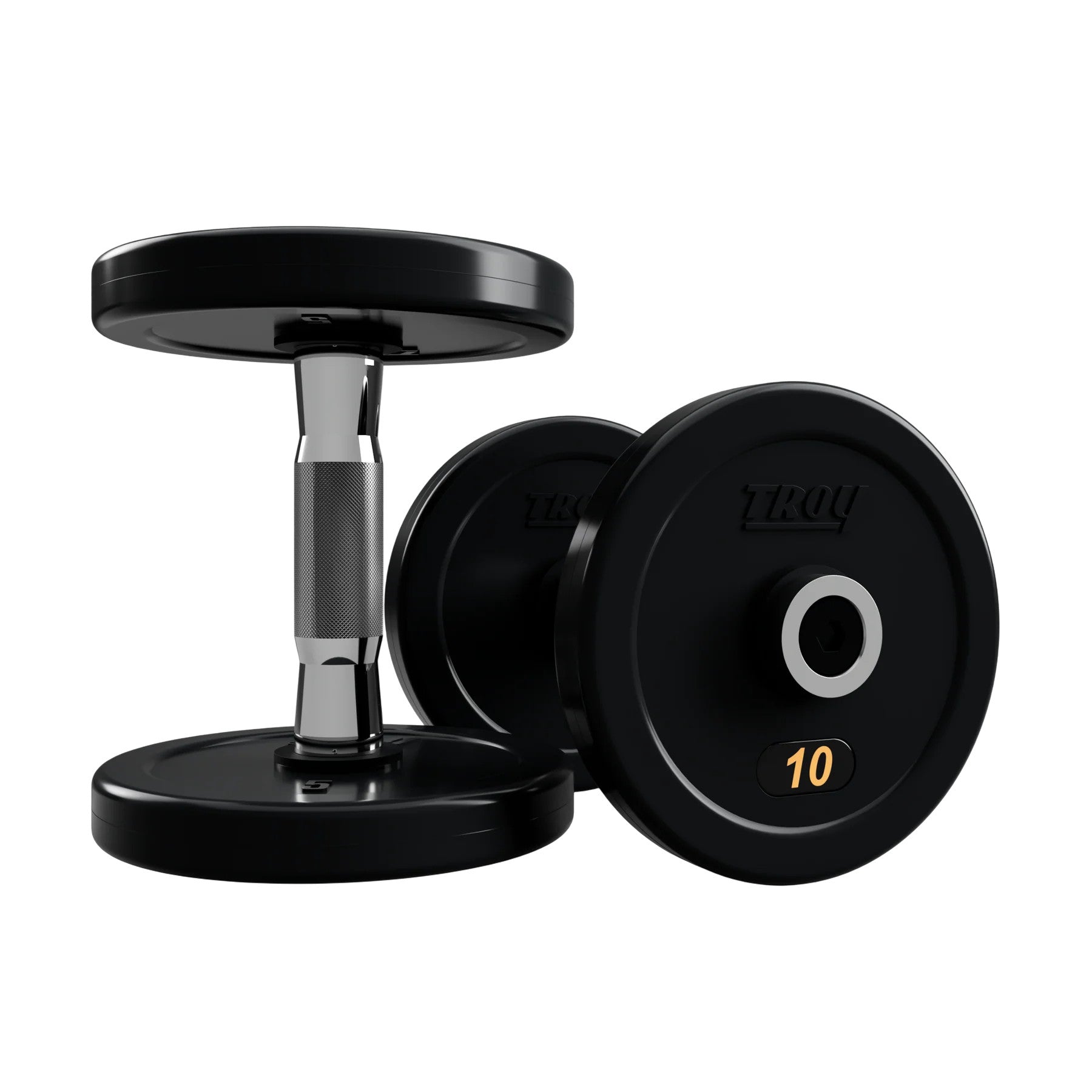 Troy Barbell RUFD Pro Style Black Rubber Encased Dumbbells contour handle with black rubber end cap 10 lb pair.