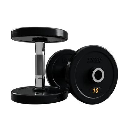 Troy Barbell RUFD Pro Style Black Rubber Encased Dumbbells contour handle with black rubber end cap 10 lb pair.