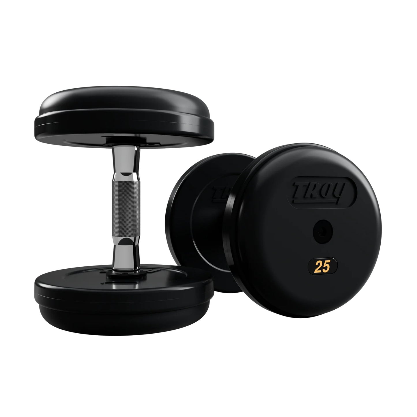 Troy Barbell RUFD Pro Style Black Rubber Encased Dumbbells contour handle with black rubber end cap 25 lb pair.