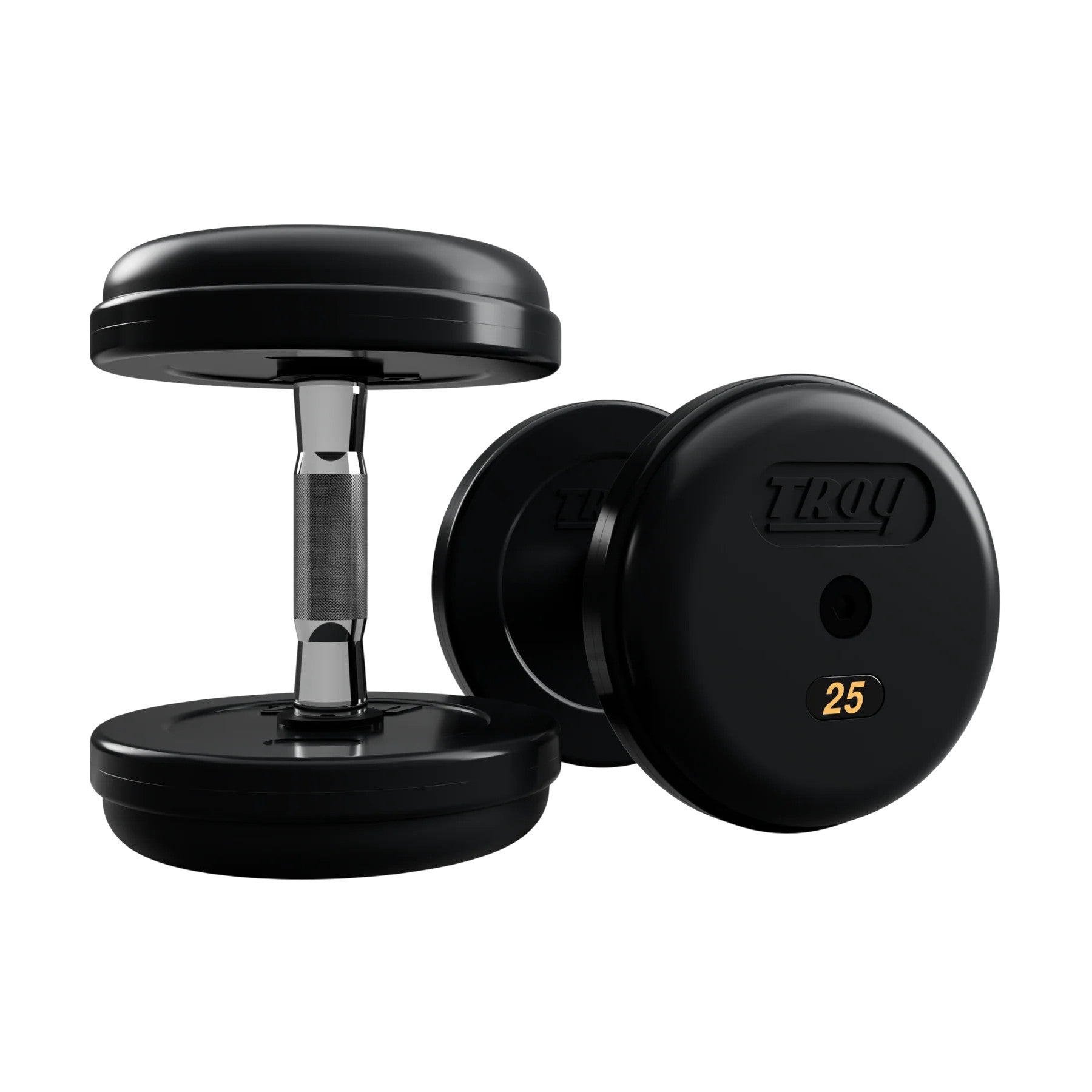Troy Barbell RUFD Pro Style Black Rubber Encased Dumbbells contour handle with black rubber end cap 25 lb pair.