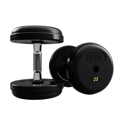 Troy Barbell RUFD Pro Style Black Rubber Encased Dumbbells contour handle with black rubber end cap 25 lb pair.