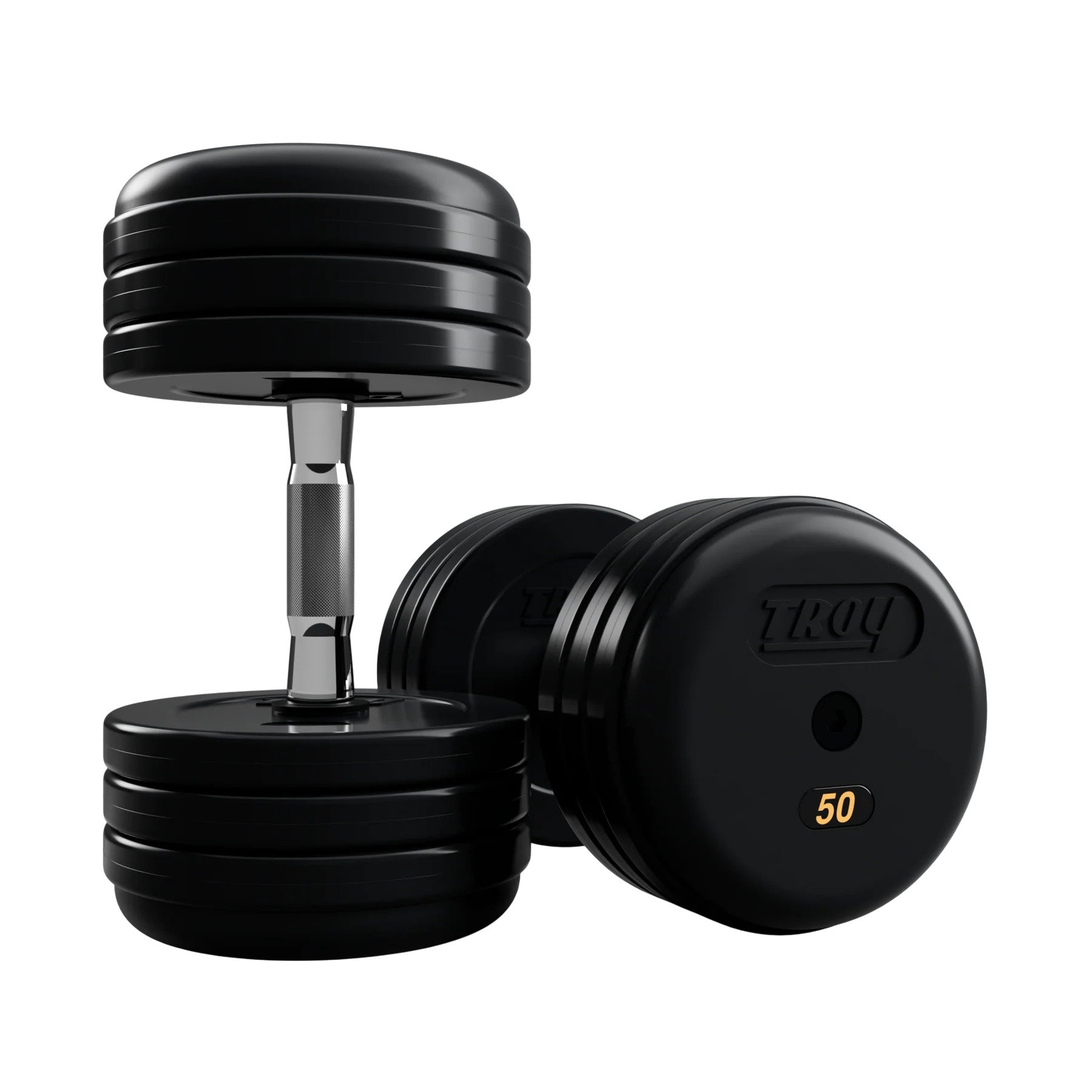 Troy Barbell RUFD Pro Style Black Rubber Encased Dumbbells contour handle with black rubber end cap 50 lb pair.