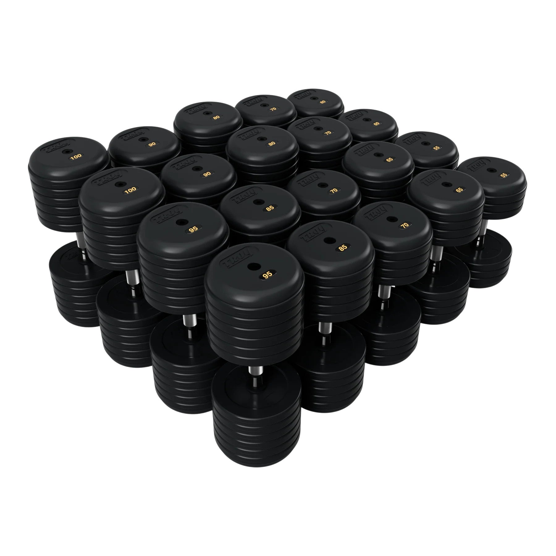 Troy Barbell RUFD Pro Style Black Rubber Encased Dumbbells contour handle with black rubber end cap 55 to 100 lb set.