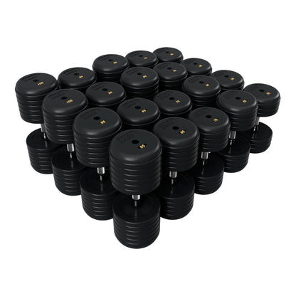 Troy Barbell RUFD Pro Style Black Rubber Encased Dumbbells contour handle with black rubber end cap 55 to 100 lb set.