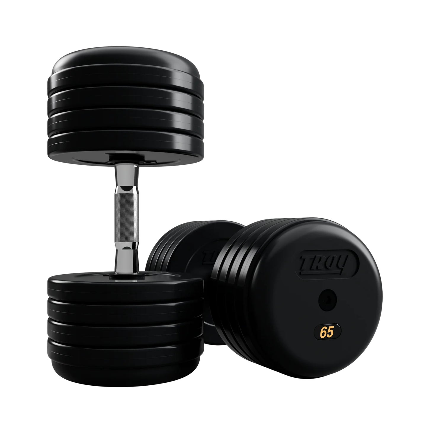 Troy Barbell RUFD Pro Style Black Rubber Encased Dumbbells contour handle with black rubber end cap 65 lb pair.
