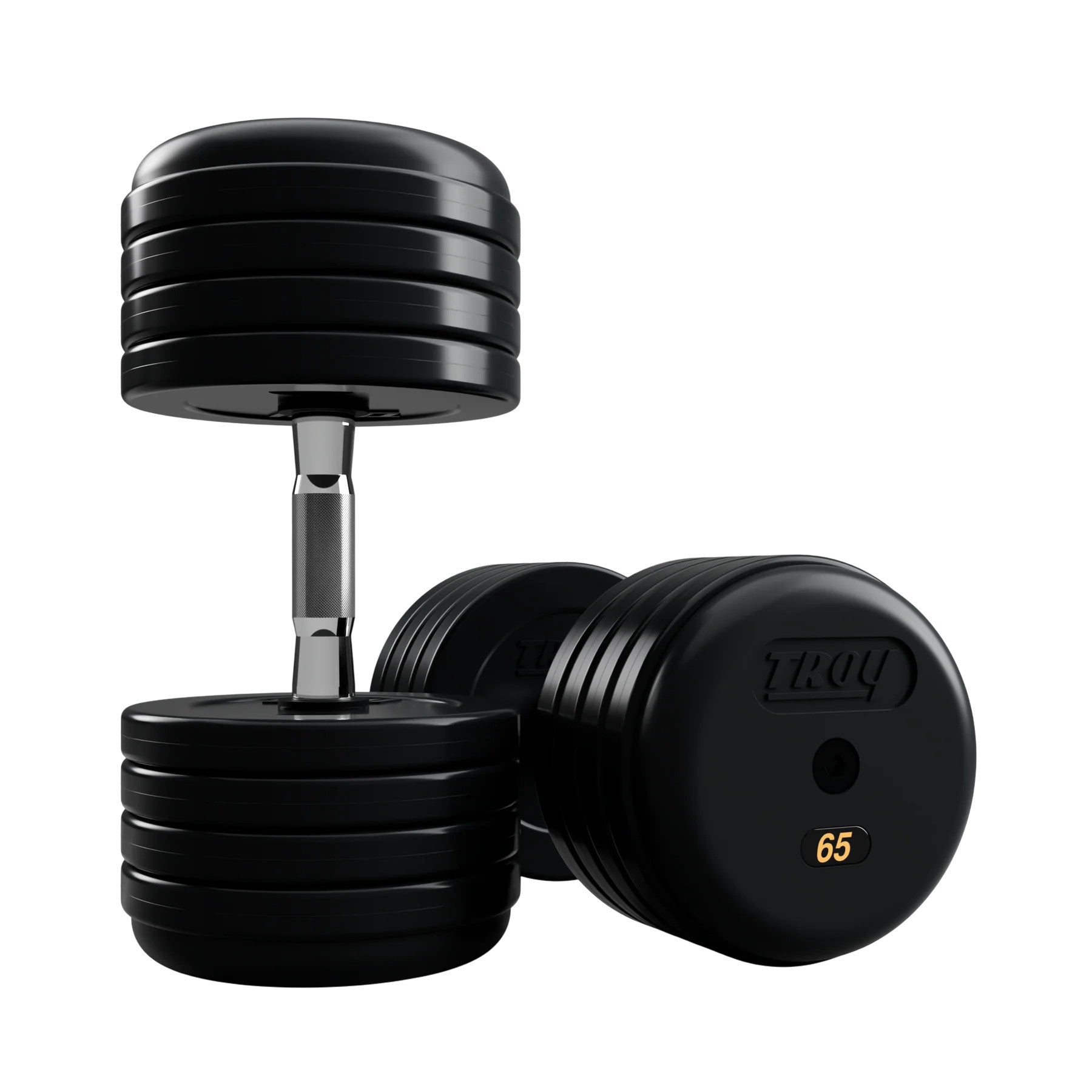 Troy Barbell RUFD Pro Style Black Rubber Encased Dumbbells contour handle with black rubber end cap 65 lb pair.