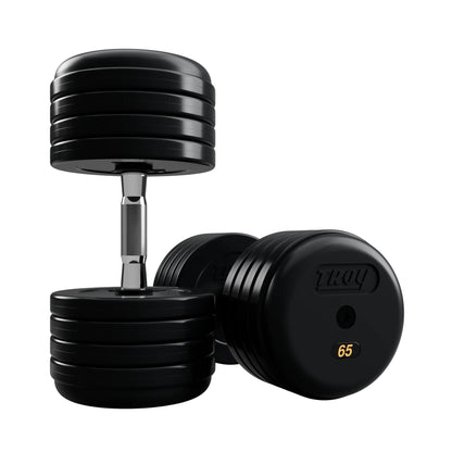 Troy Barbell RUFD Pro Style Black Rubber Encased Dumbbells contour handle with black rubber end cap 65 lb pair.