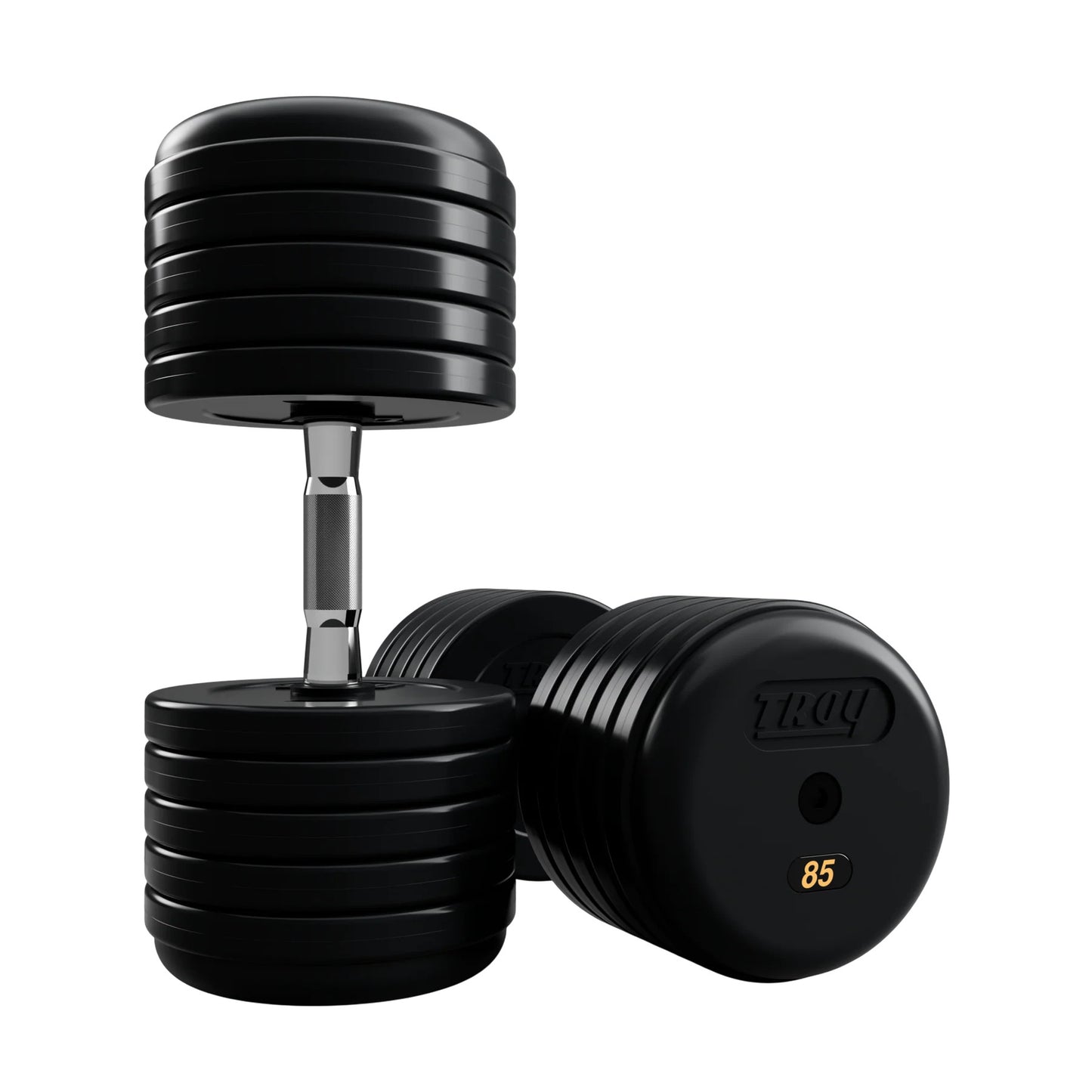 Troy Barbell RUFD Pro Style Black Rubber Encased Dumbbells contour handle with black rubber end cap 85 lb pair.