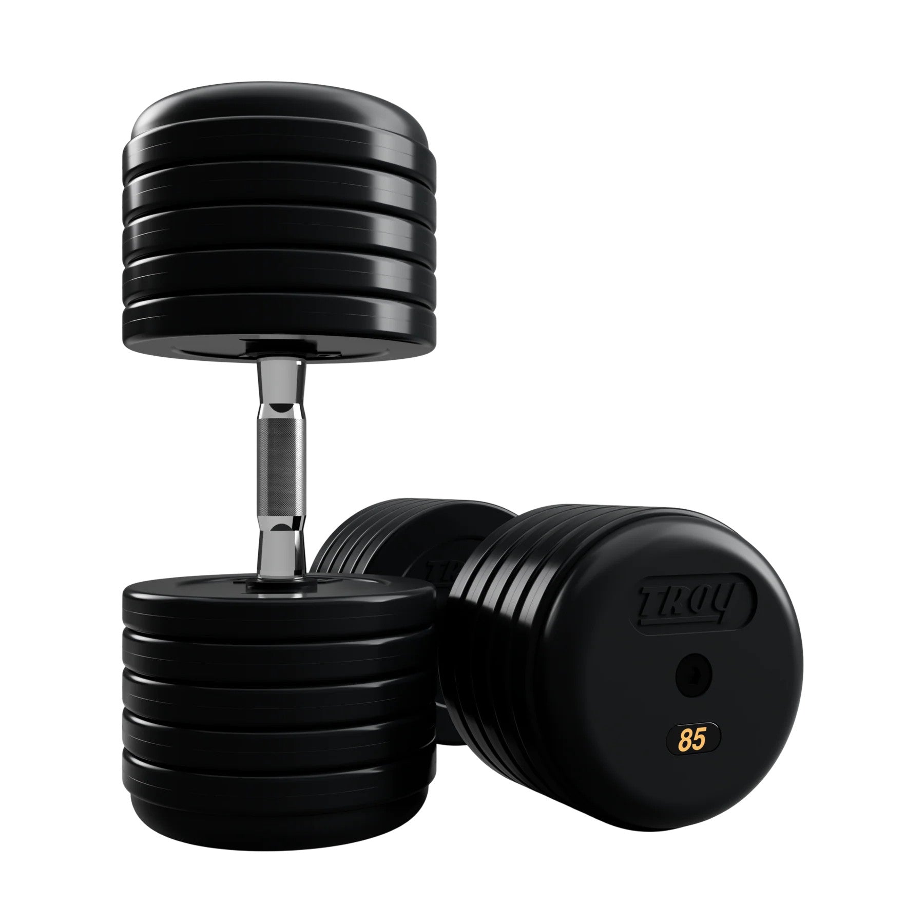 Troy Barbell RUFD Pro Style Black Rubber Encased Dumbbells contour handle with black rubber end cap 85 lb pair.